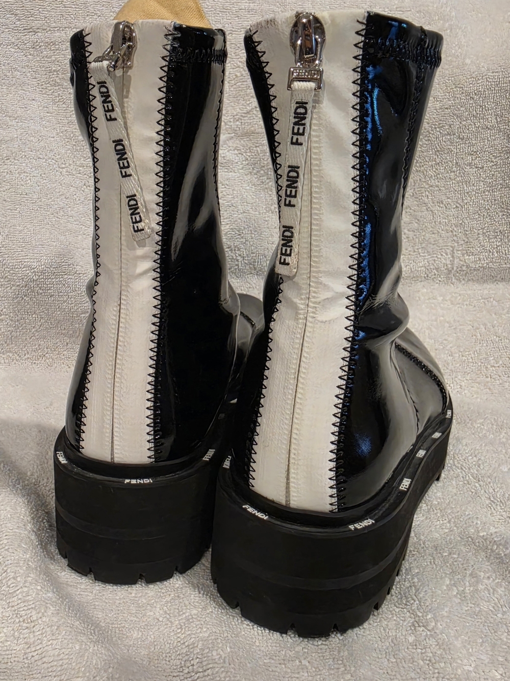 Fendi Black and White Patent Platform Zipper Boots